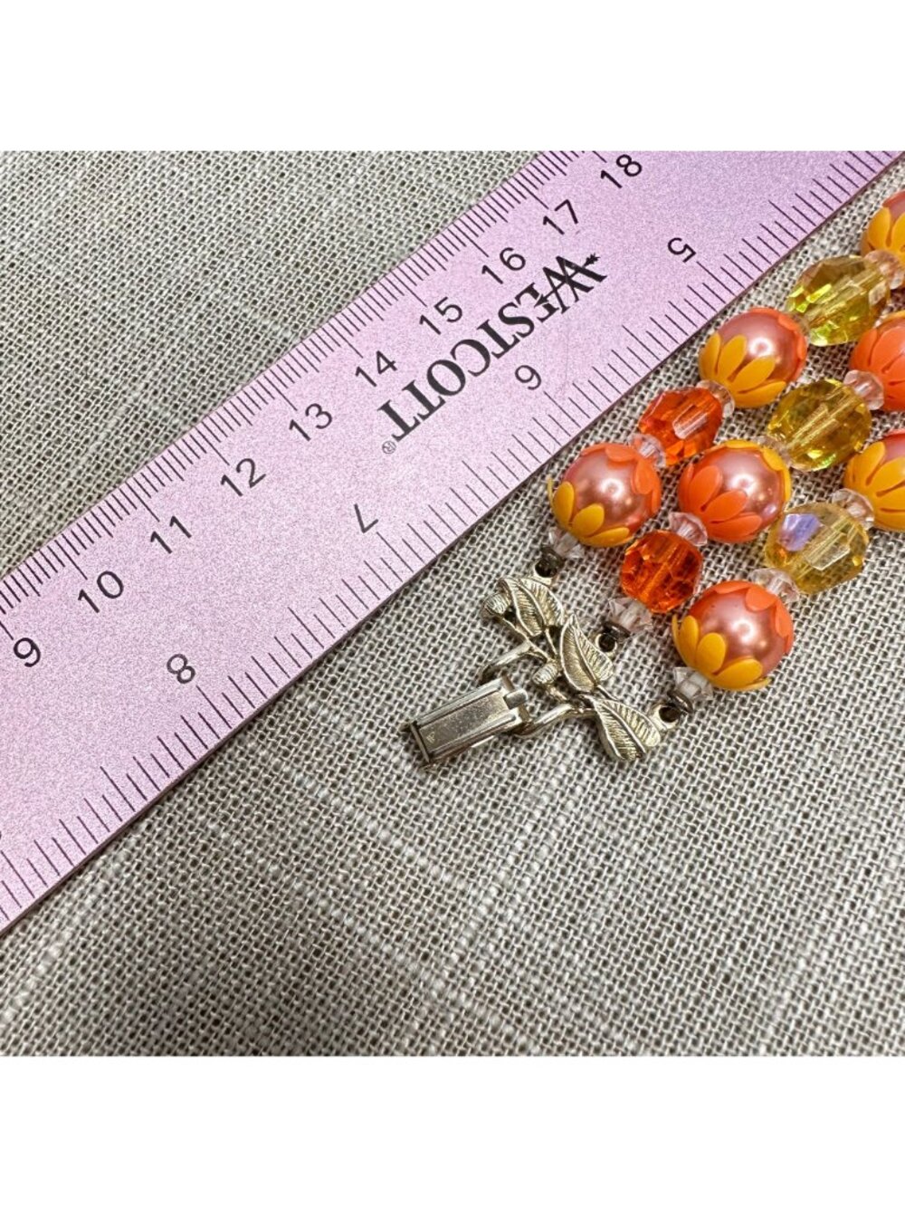 Vintage 1960s Three-Strand Lucite Bead Bracelet Mod Orange & Yellow Flower Retro - Picture 6 of 12
